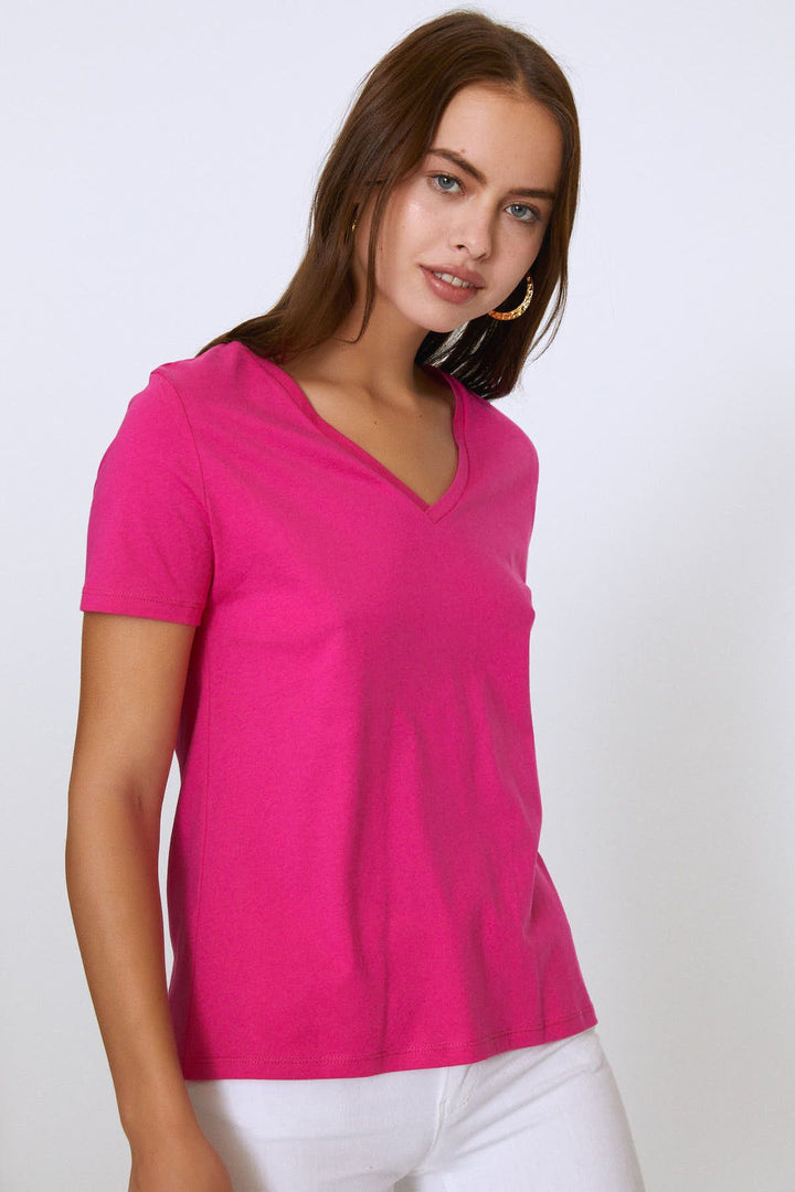 V Yaka Basic Tişört Fuşya