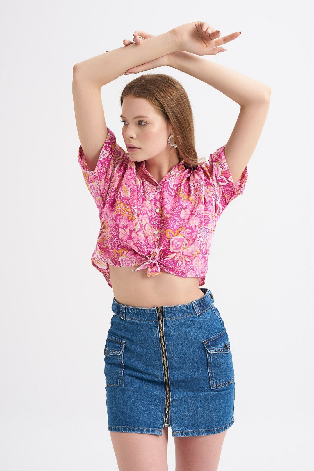 Desenli Kısa Kol Bağlamalı Gömlek Pembe