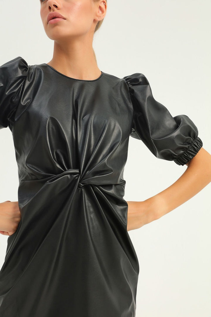 Balloon Sleeve Leather Dress Black