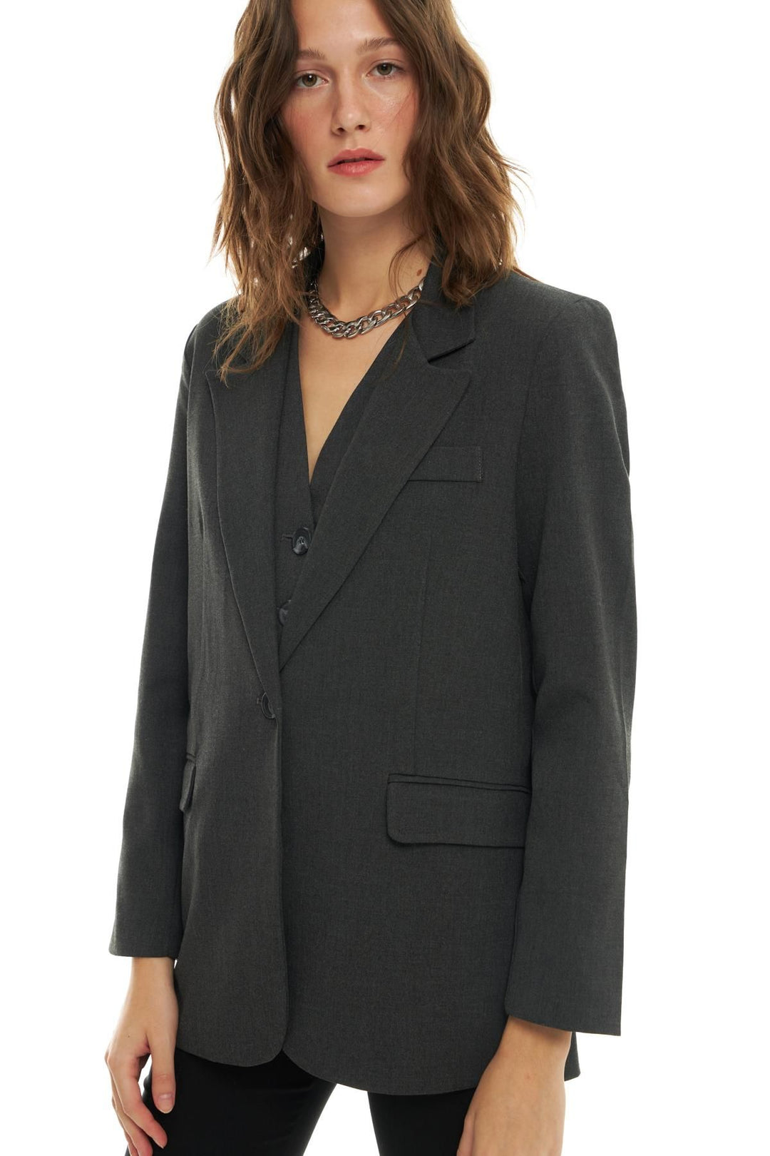 Desenli Astarlı Blazer Ceket Antrasit