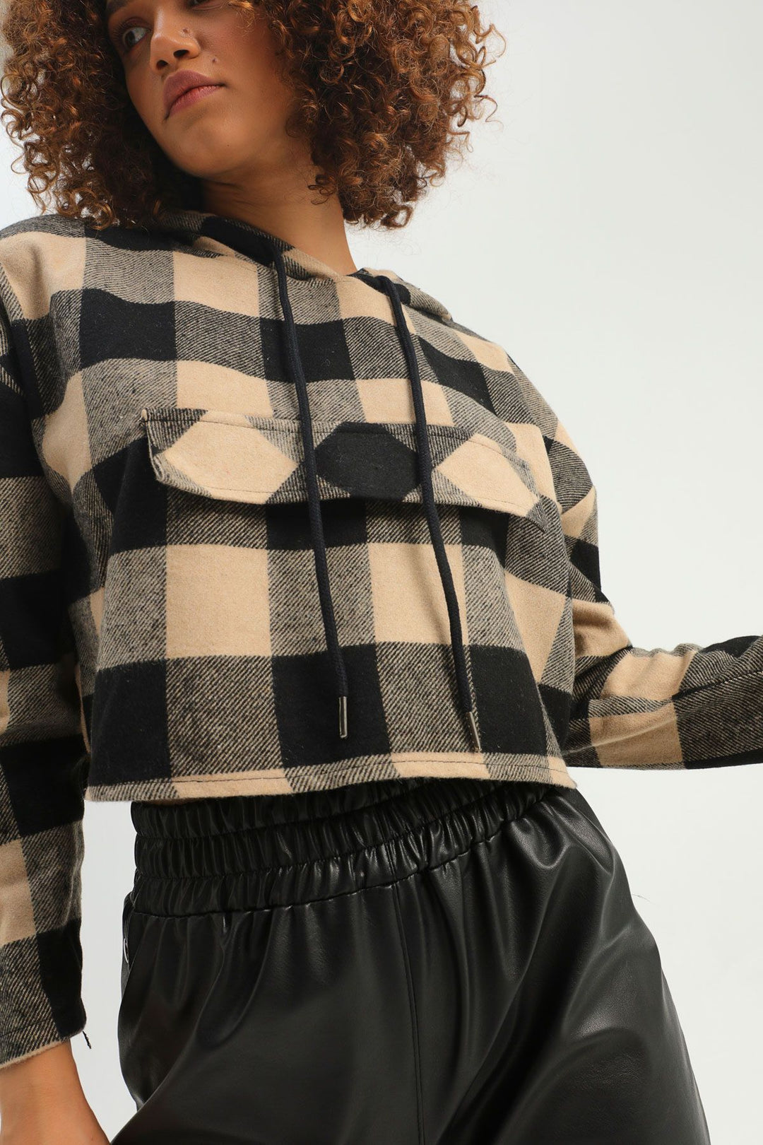 Plaid Hoodie Sweatshirt Beige