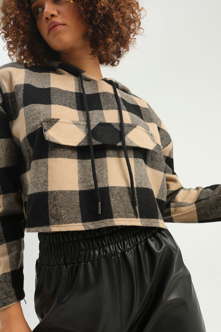 Plaid Hoodie Sweatshirt Beige