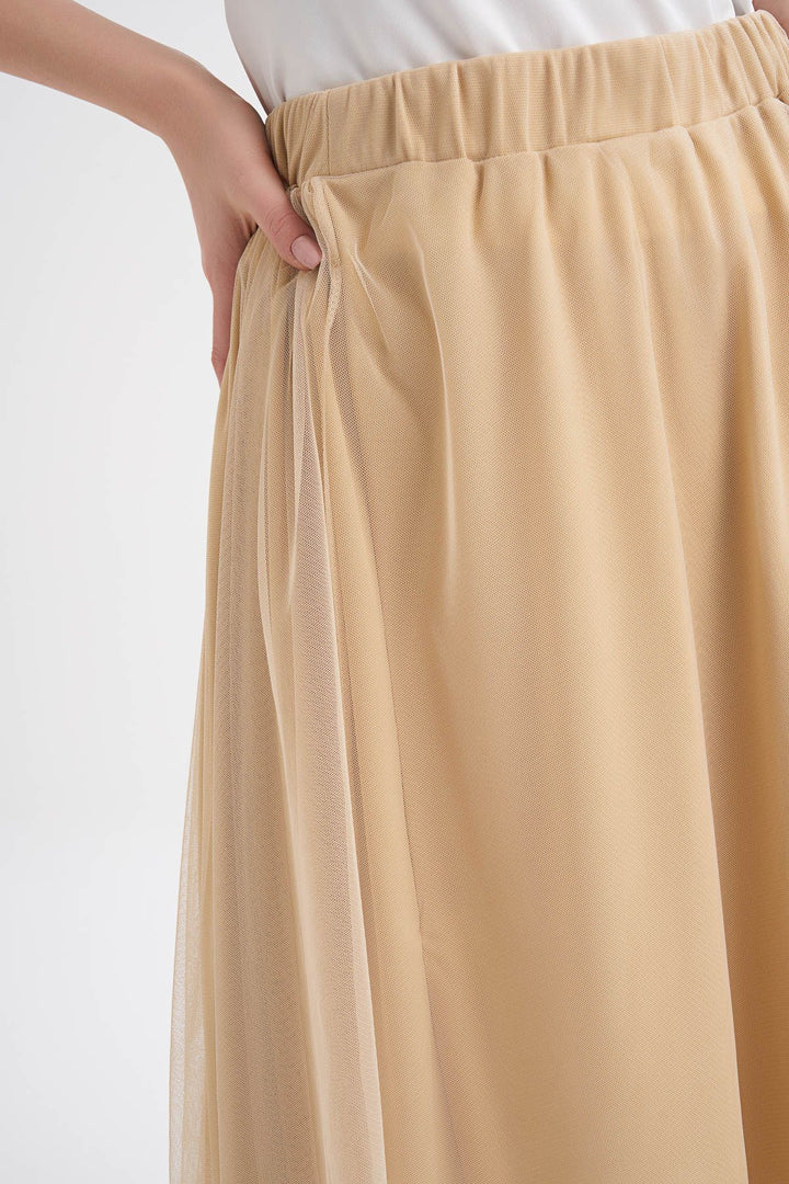 Pleated Tulle Detailed Midi Skirt Beige