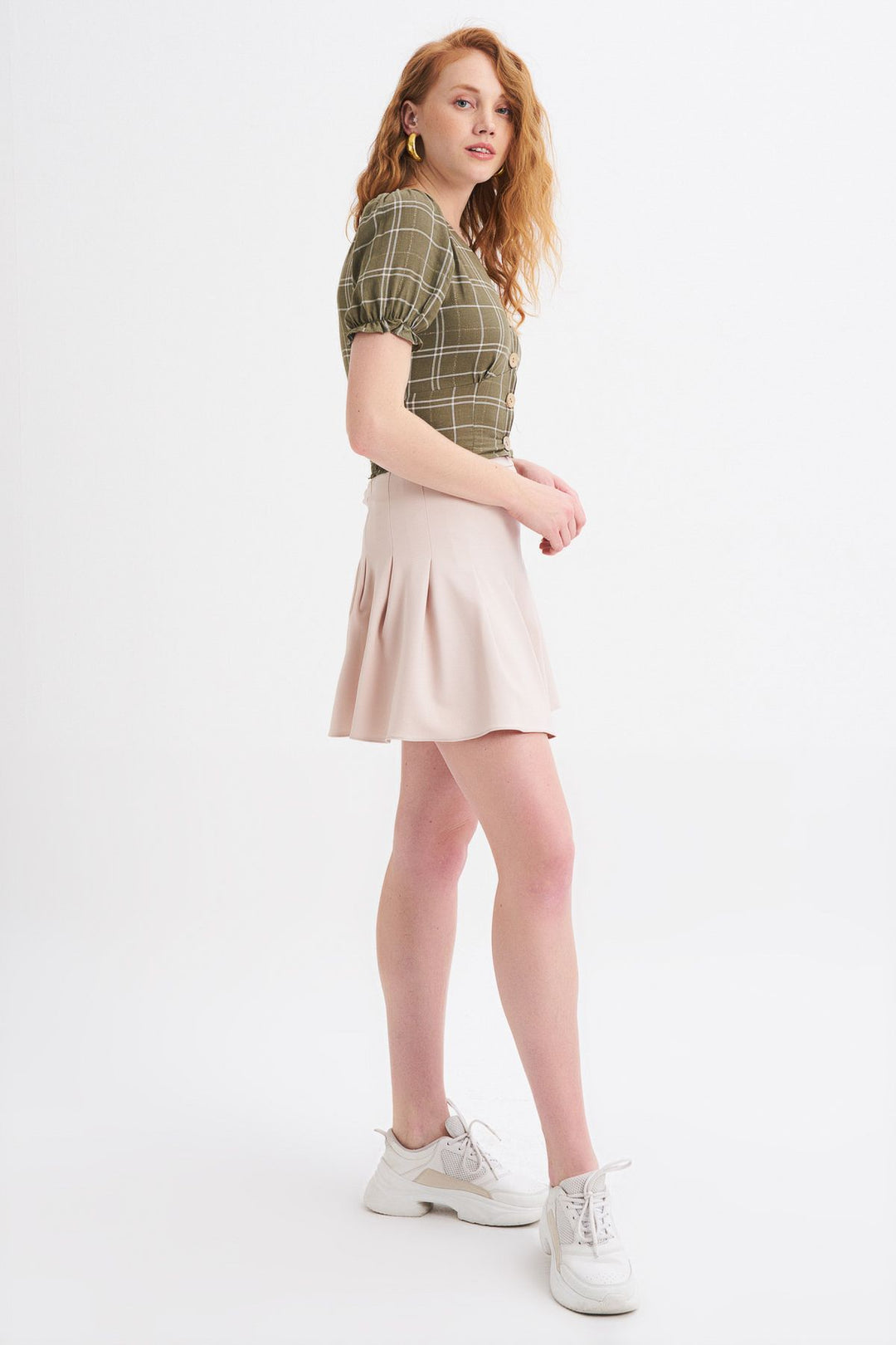 V Neck Plaid Linen Blouse Khaki