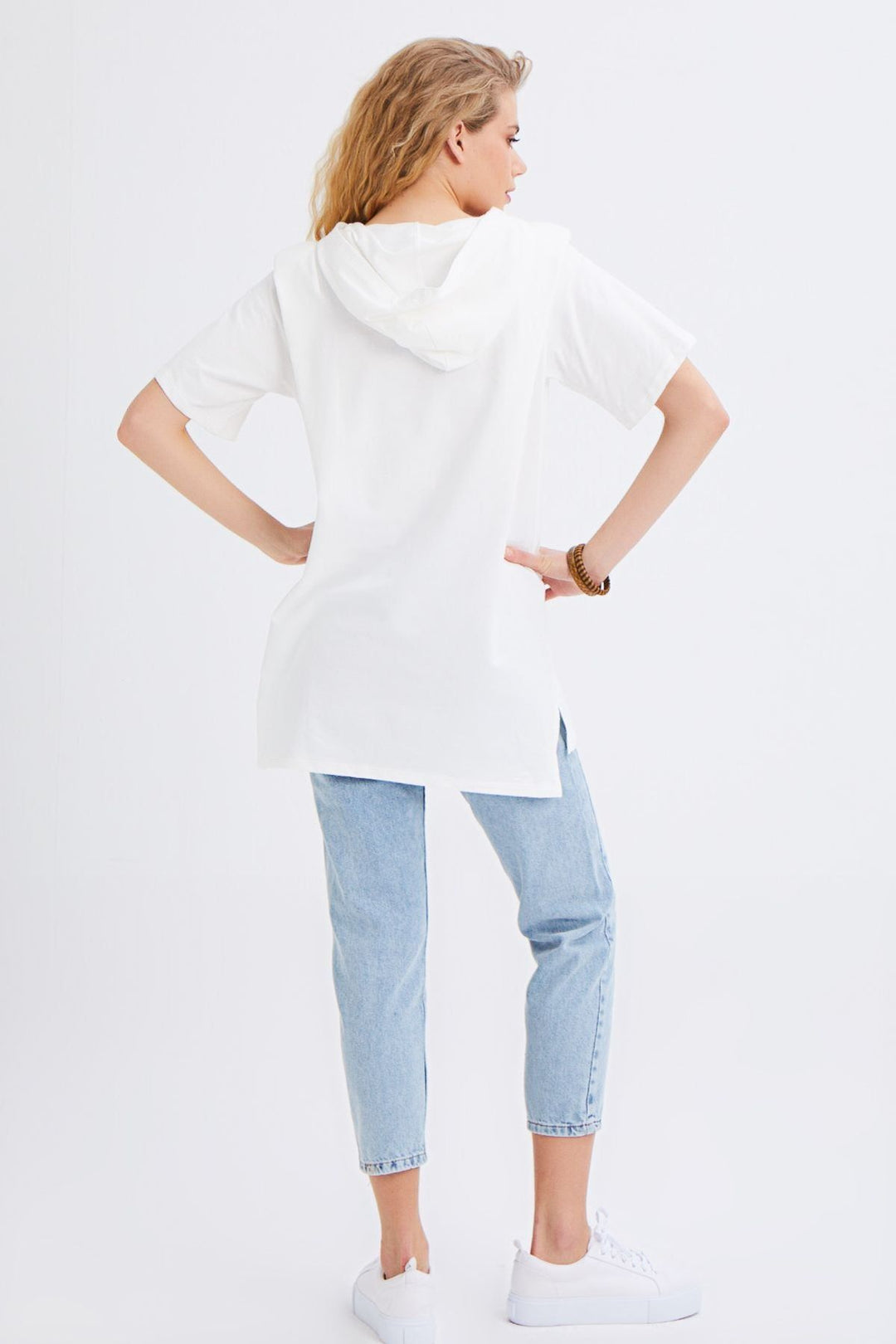 Hooded Kangaroo Pocket Long Sweatshirt Ecru