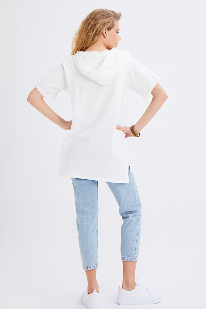 Hooded Kangaroo Pocket Long Sweatshirt Ecru