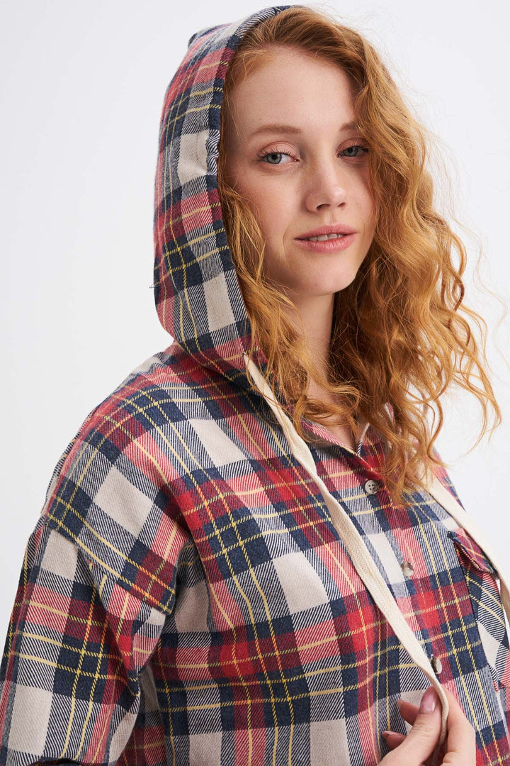 Kapüşonlu Ekose Gömlek Kırmızı