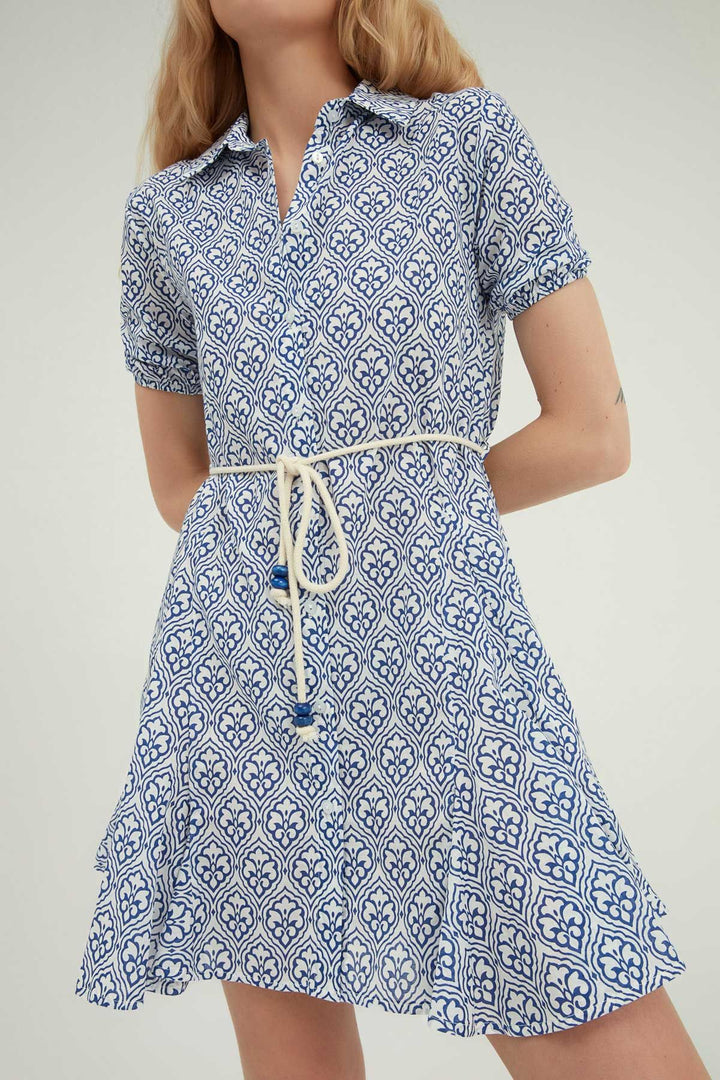 Gömlek Yaka Volanlı Mini Elbise Mavi