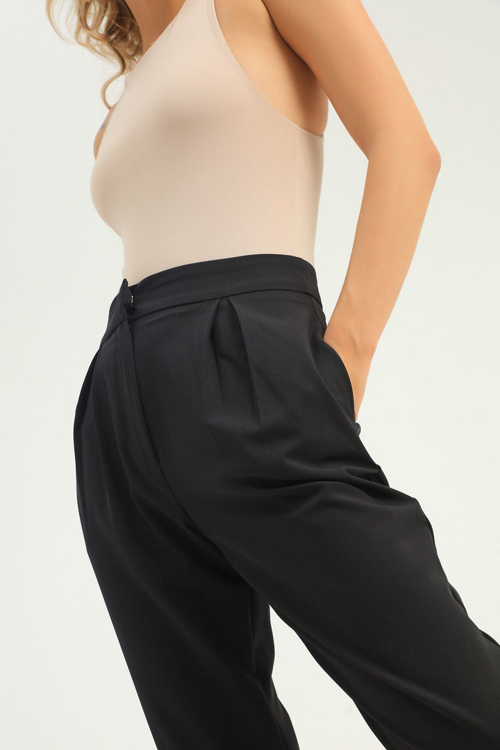 Pileli Yüksek Bel Pantolon Siyah