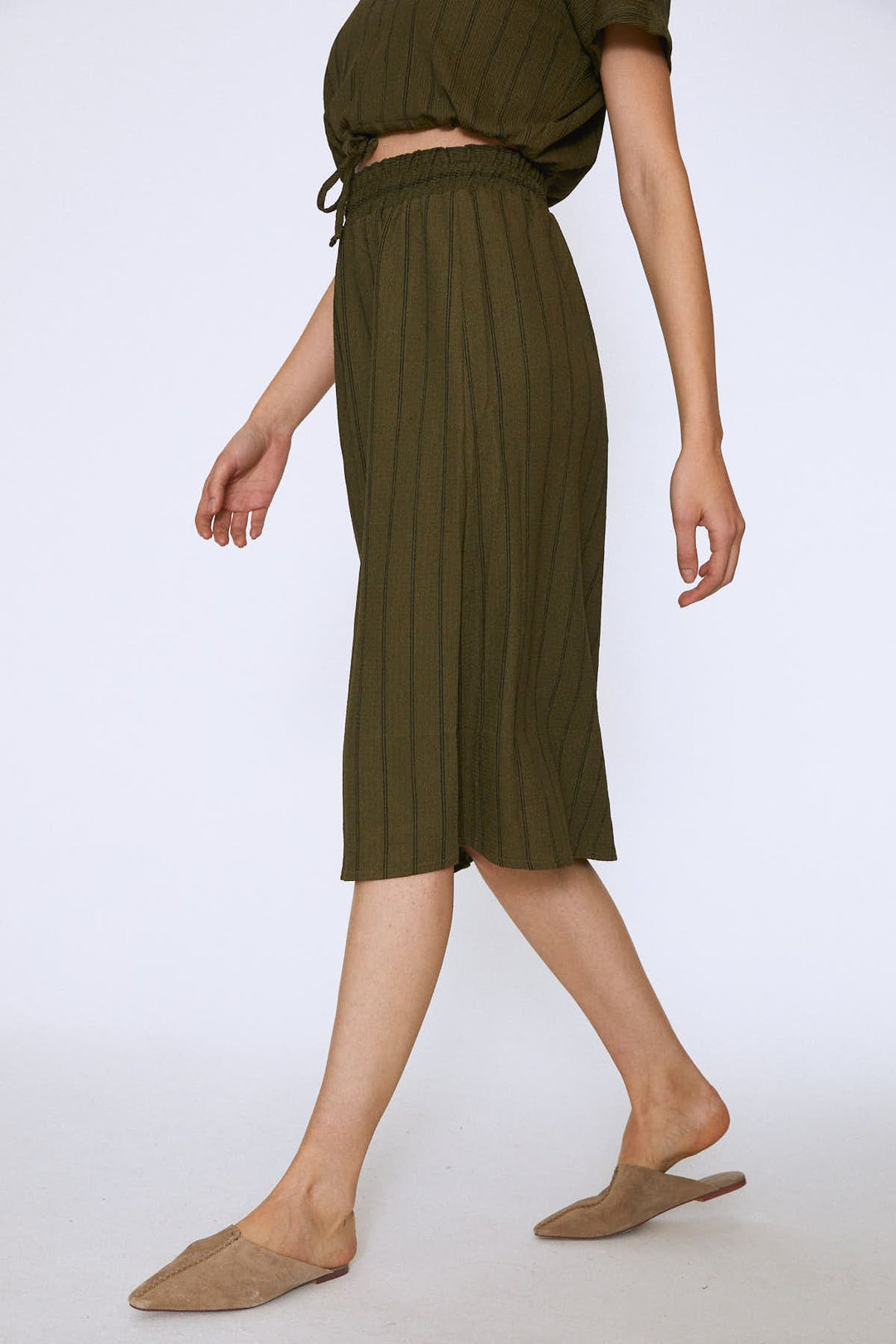 Striped Elastic Waist Midi Skirt Khaki