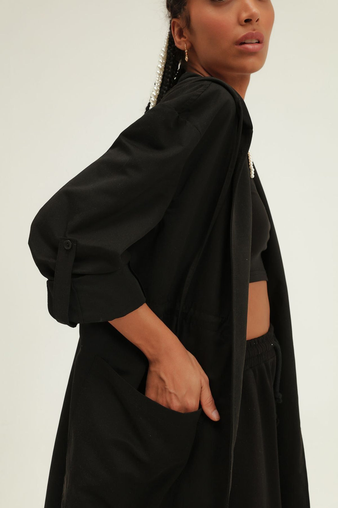 Pleated Waist Hooded Trench Coat Black