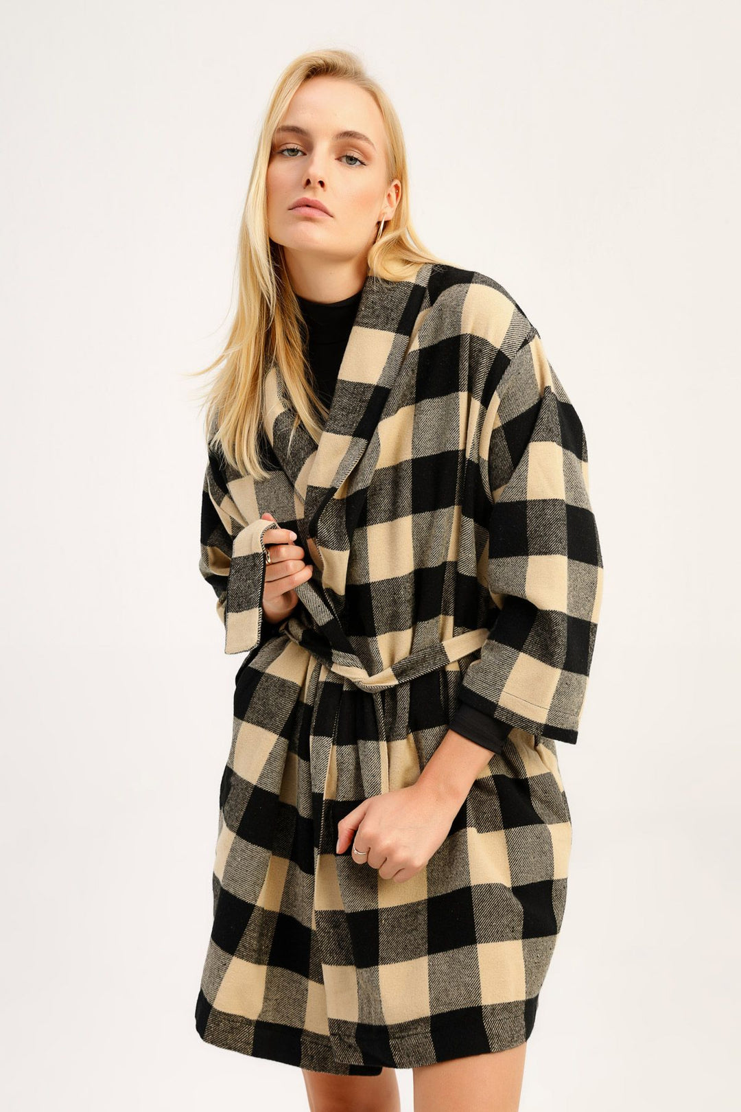 Ekose Uzun Ceket Siyah