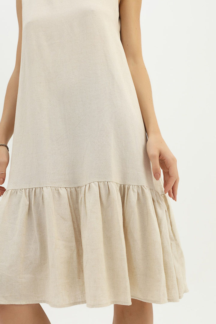 Frilly Hem Linen Dress Natural