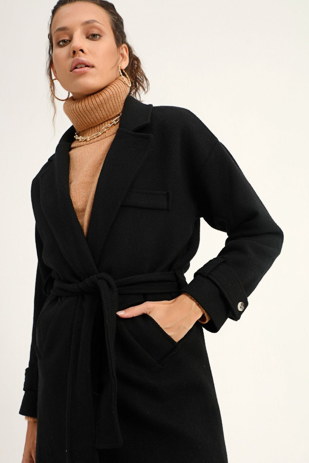 Waist Belted Long Coat Black