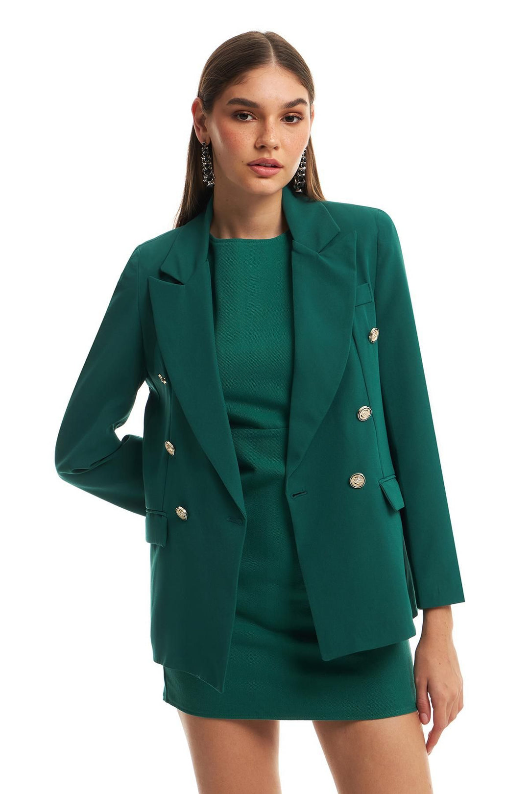 Düğme Detaylı Blazer Ceket Koyu Yeşil