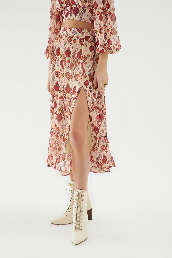 Tulle Detailed Slit Midi Skirt Beige