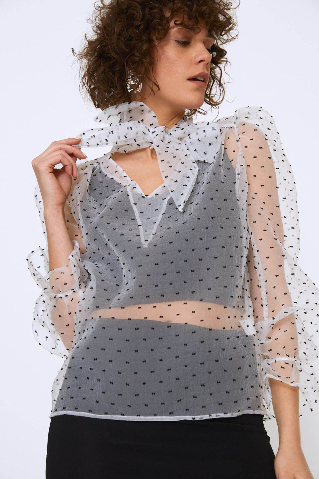 Tie Detailed Balloon Sleeve Blouse Ecru