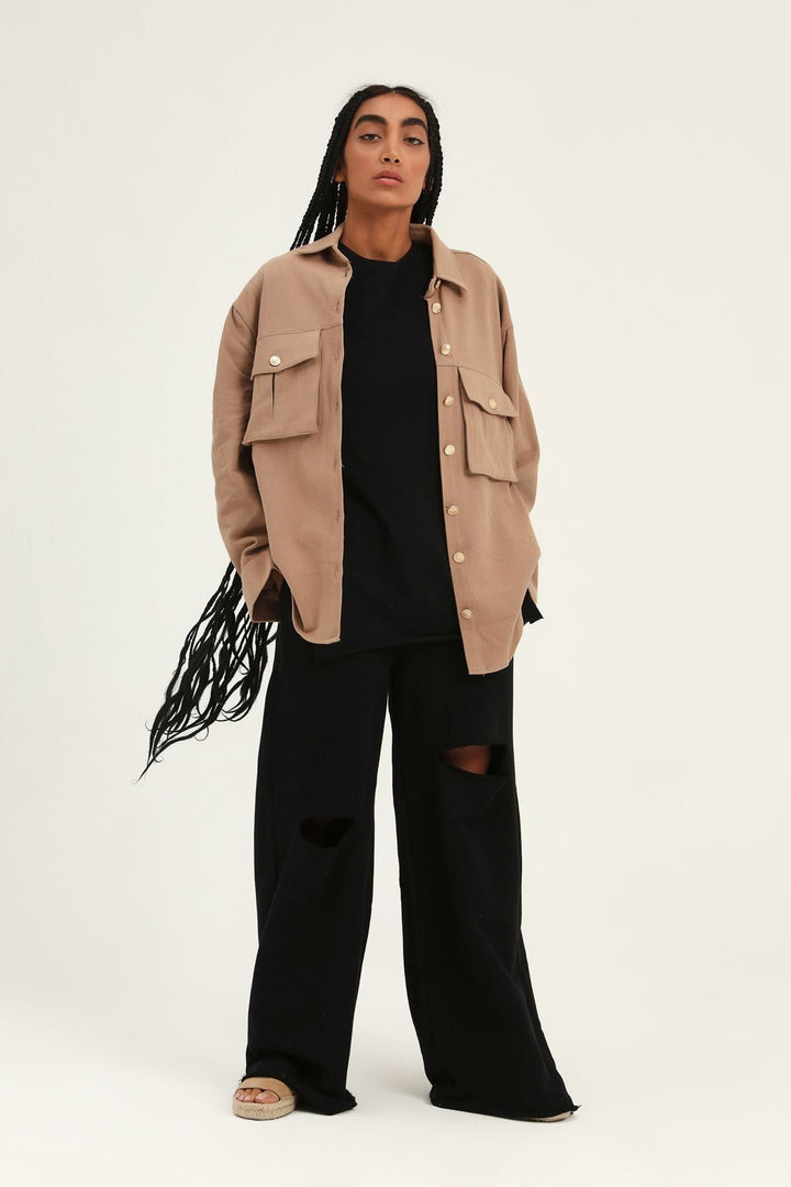 Balloon Sleeve Pocket Shirt Brown