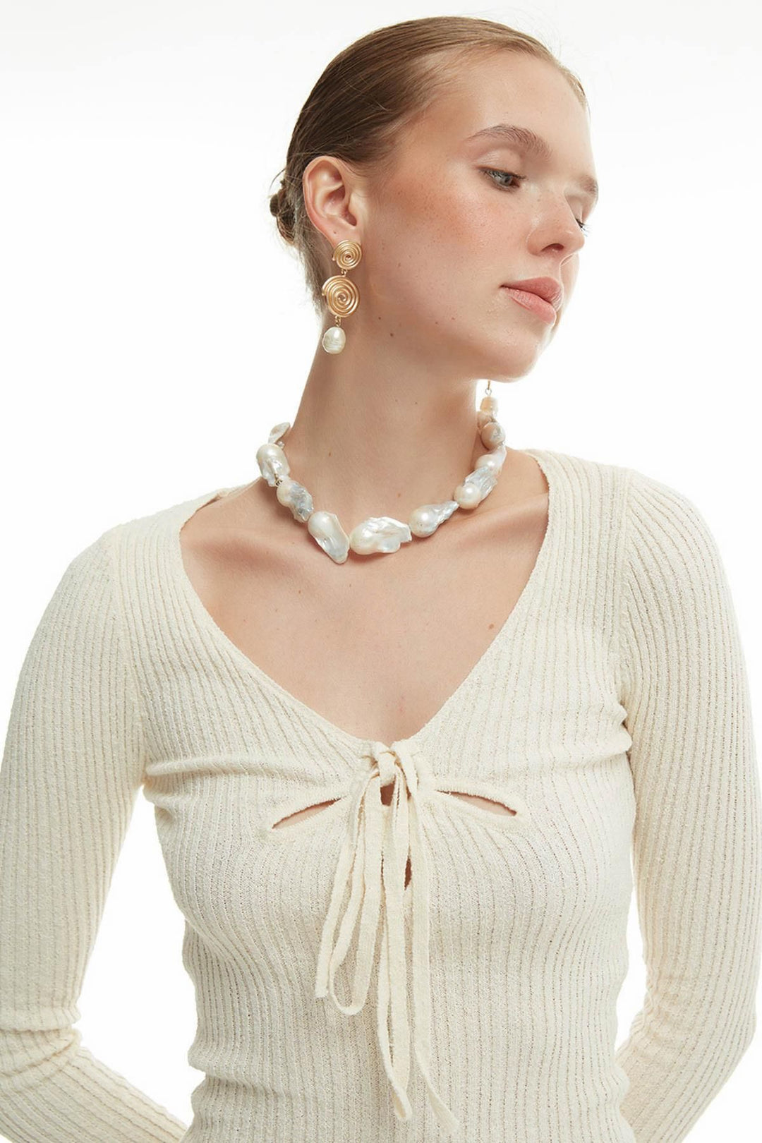 Göğüs Detaylı Triko Elbise Ekru