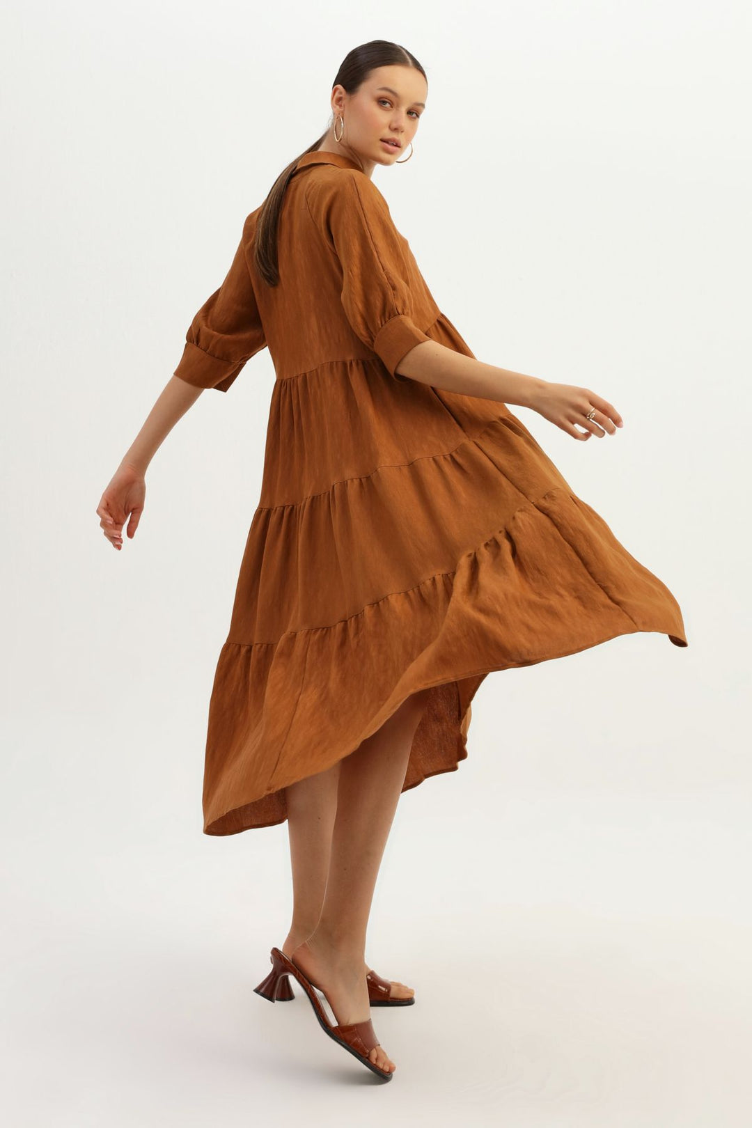 Shirt Collar Raglan Sleeve Dress Brown