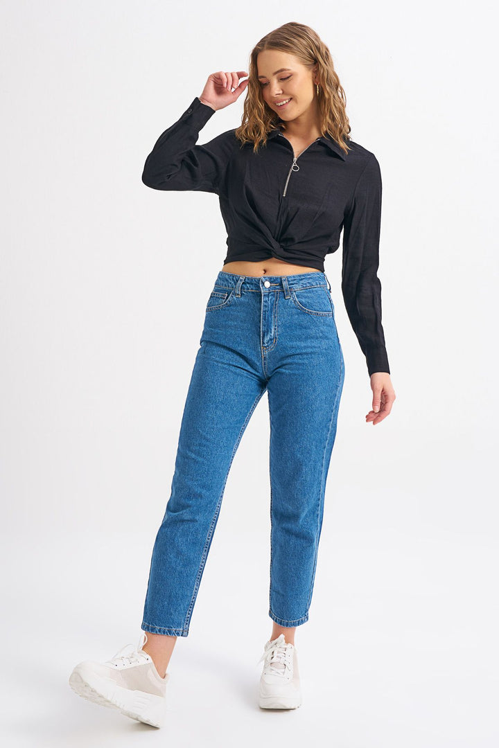 Front Zipper Tie Detailed Blouse Black