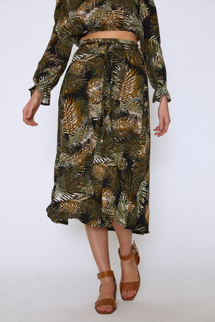 Palm Patterned Wrap Skirt Khaki