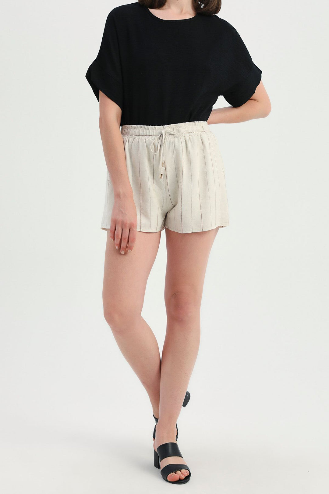 Striped Elastic Waist Linen Shorts Brown
