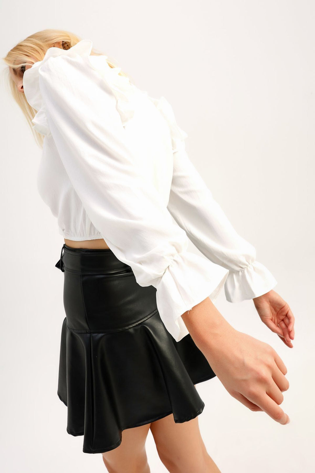 Double Breasted Ruffle Crop Blouse Ecru