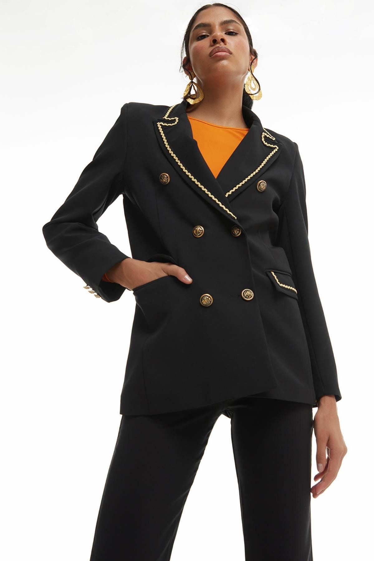 Gold Button Blazer Jacket Black