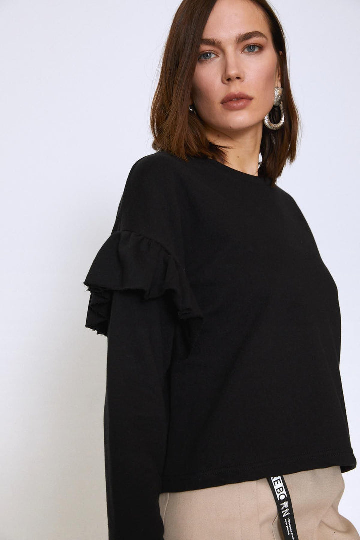 Crew Neck Sleeves Frilly Sweatshirt Black