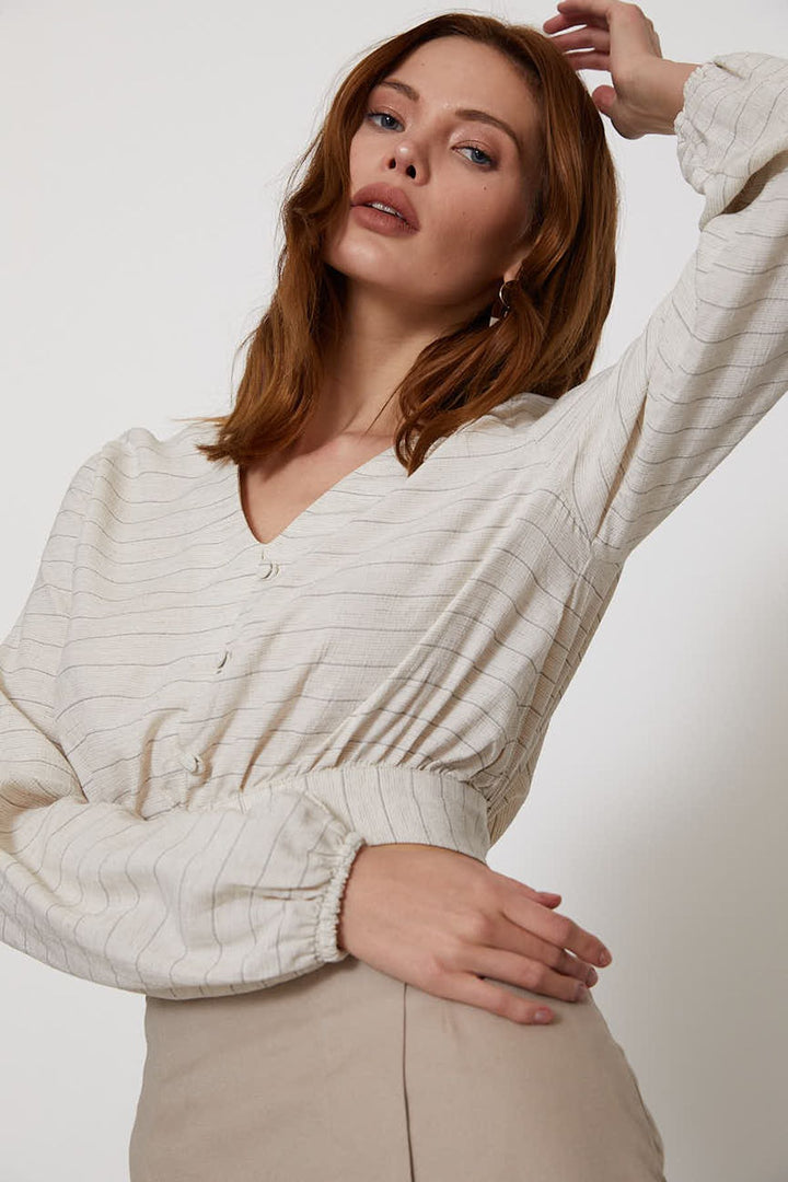 Arkası Bağlamalı Keten Bluz Naturel