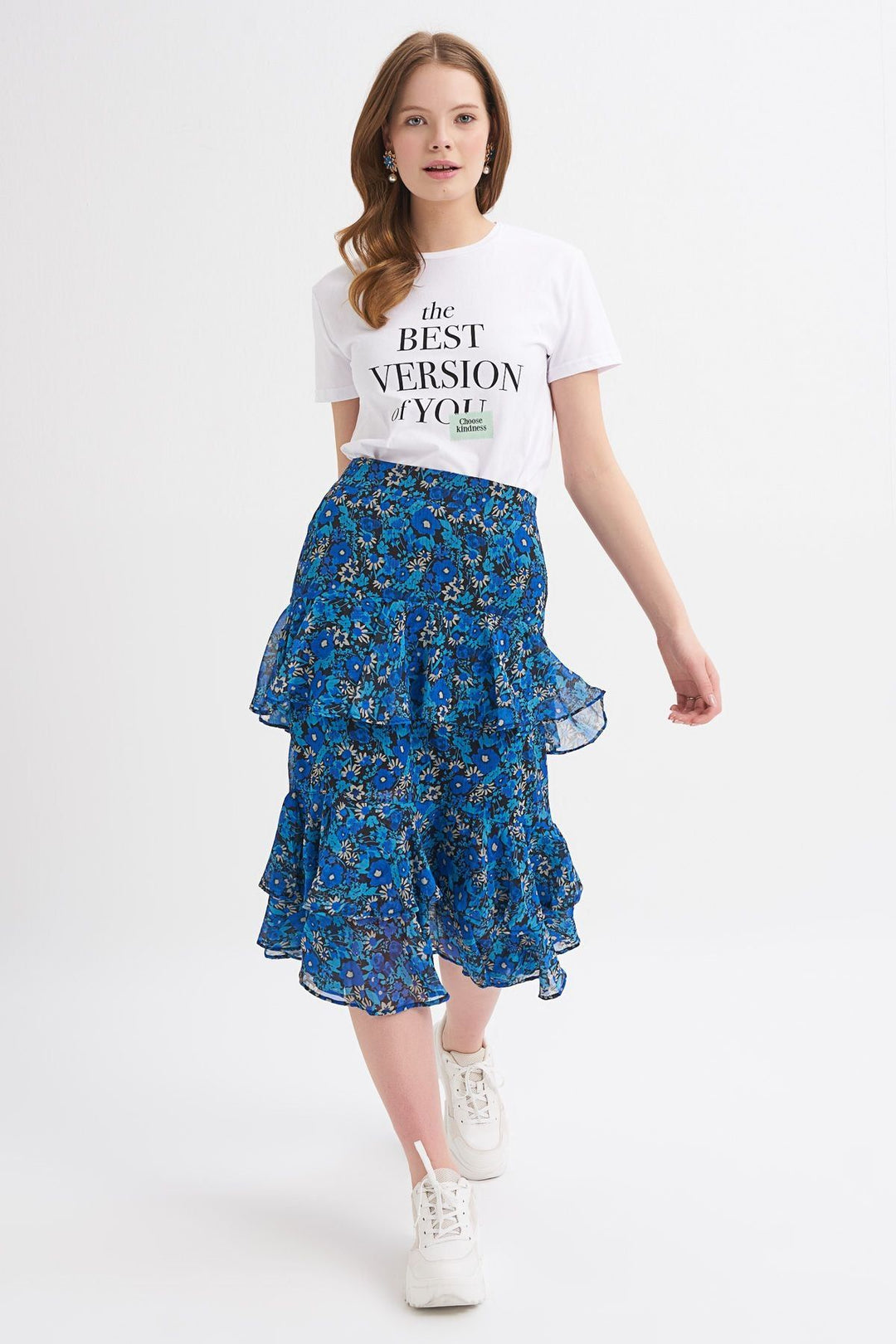 Desenli Fırfırlı Midi Etek Sax