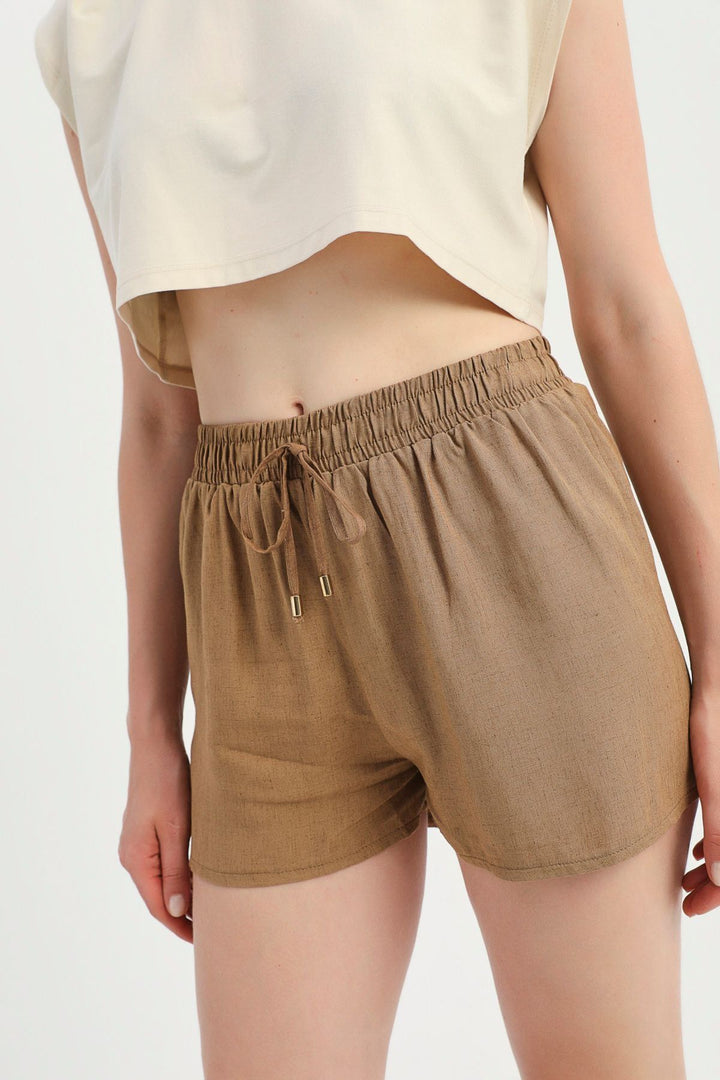 Elastic Waist Linen Shorts Brown