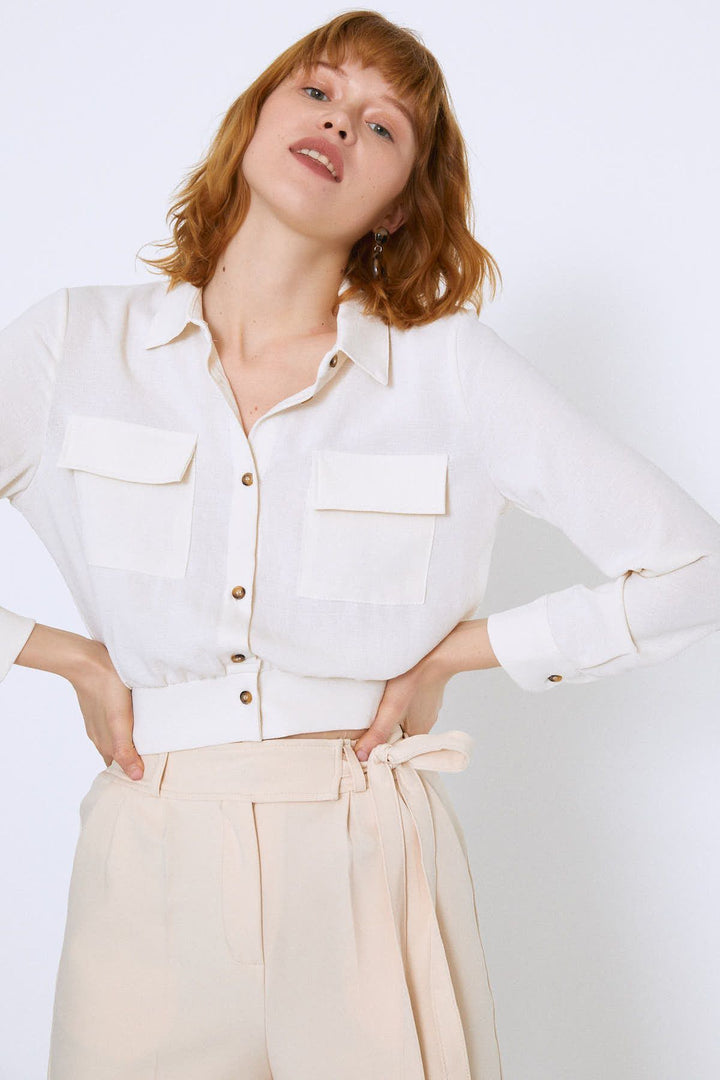 Beli Kuşakli Cepli Gömlek Ekru