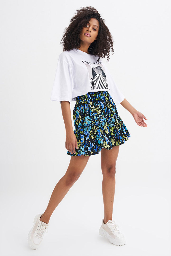 Floral Pattern Elastic Waist Skirt Blue