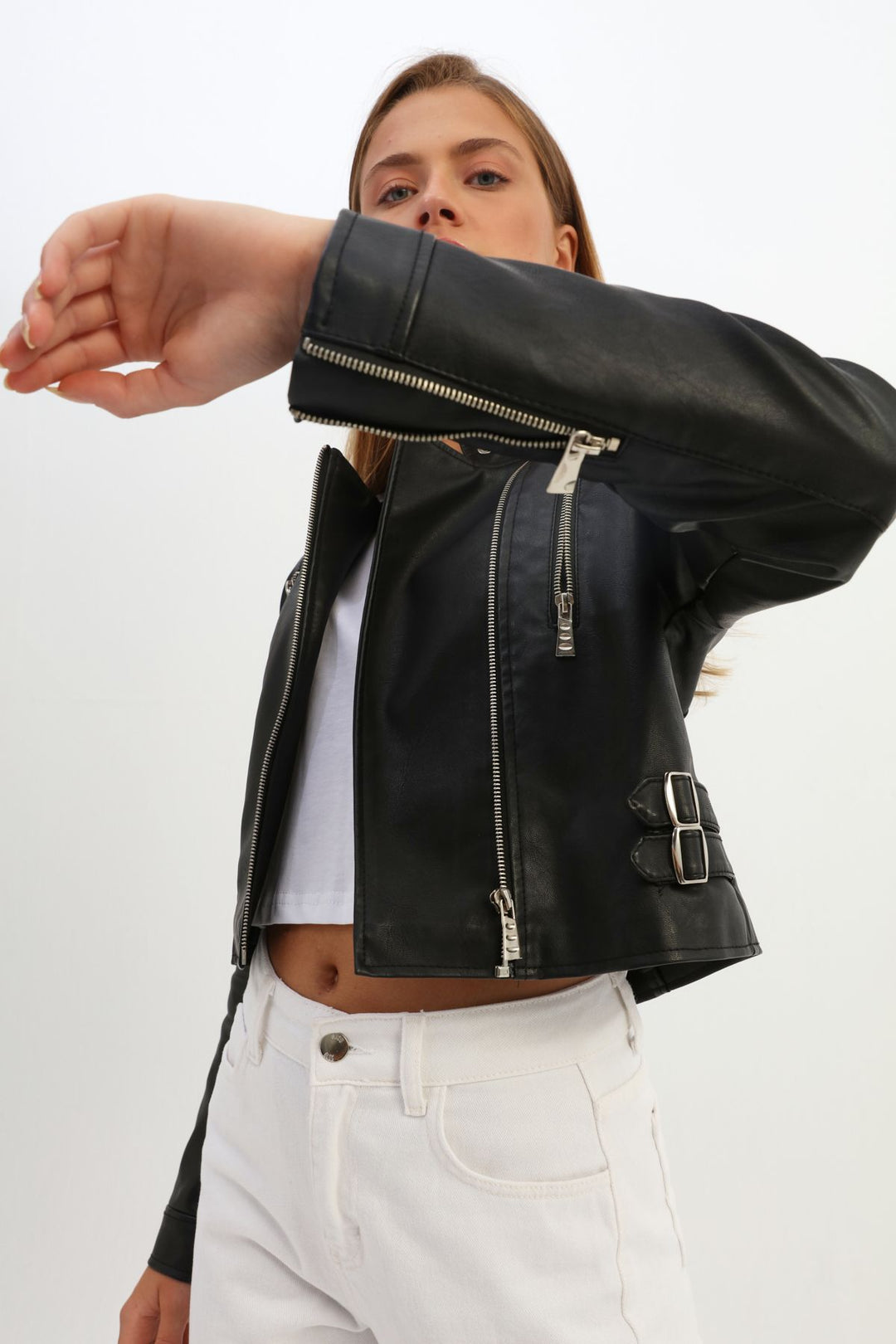 Belt Detailed Biker Leather Jacket Black