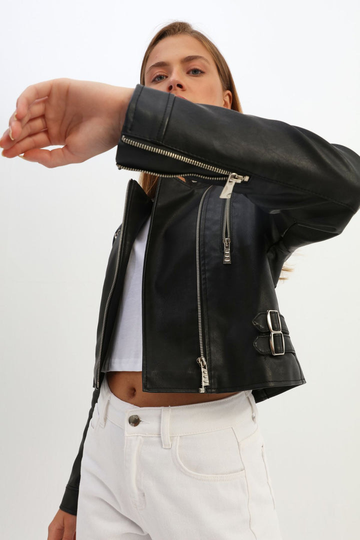 Belt Detailed Biker Leather Jacket Black