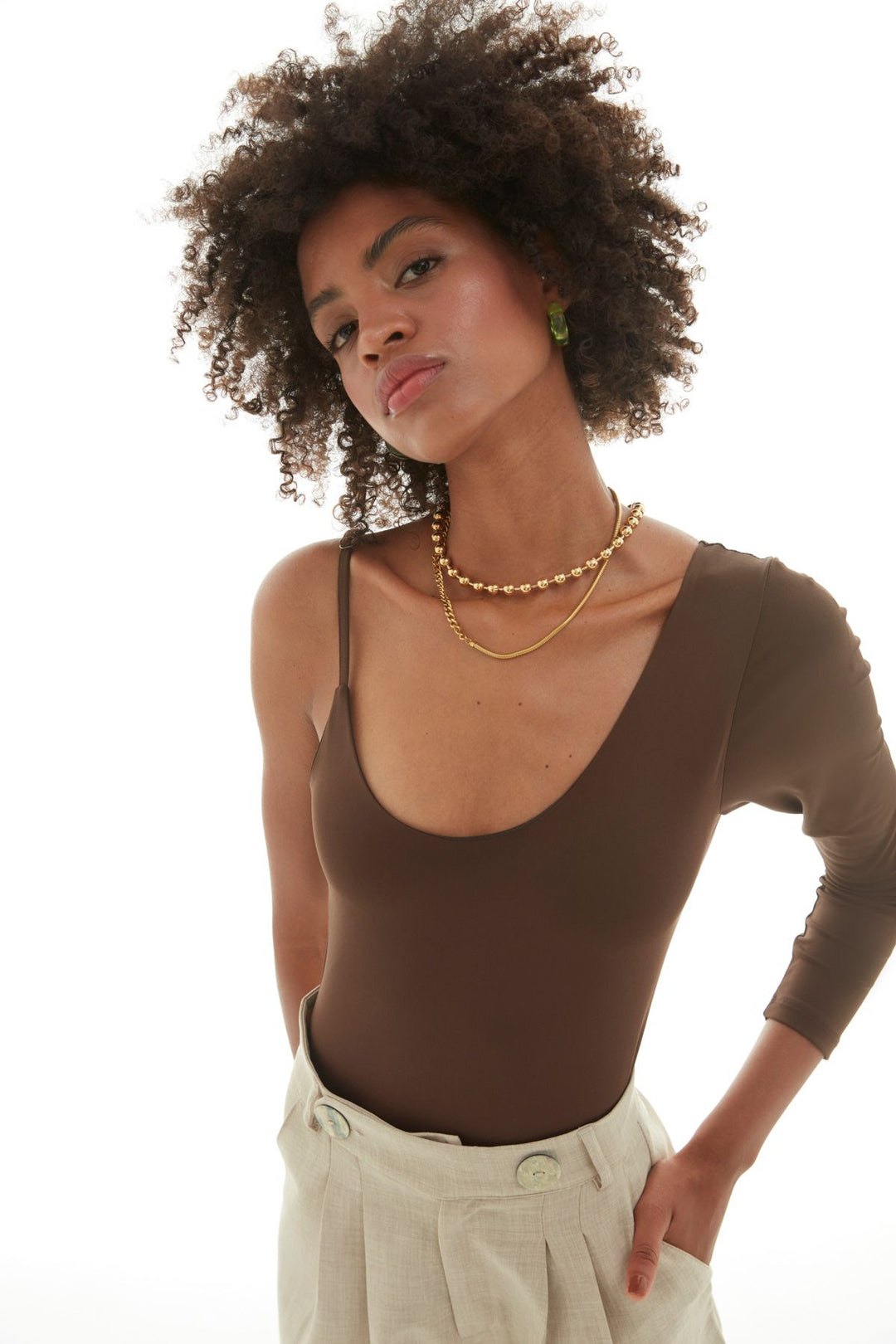 Asymmetric Sleeve Bodysuit Dark Brown