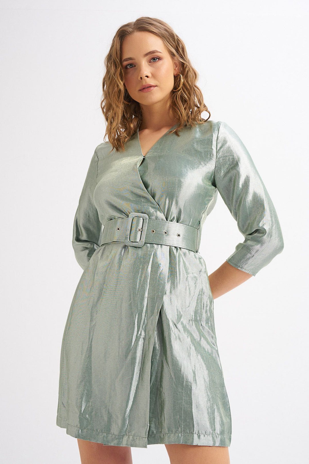 Beli Kemerli Kruvaze Elbise Mint