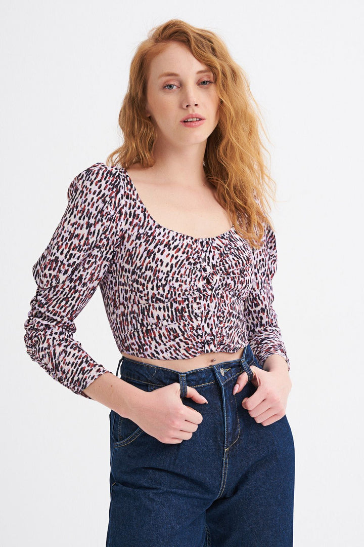 Patterned Front Buttoned Sleeves Gathered Blouse Lilac