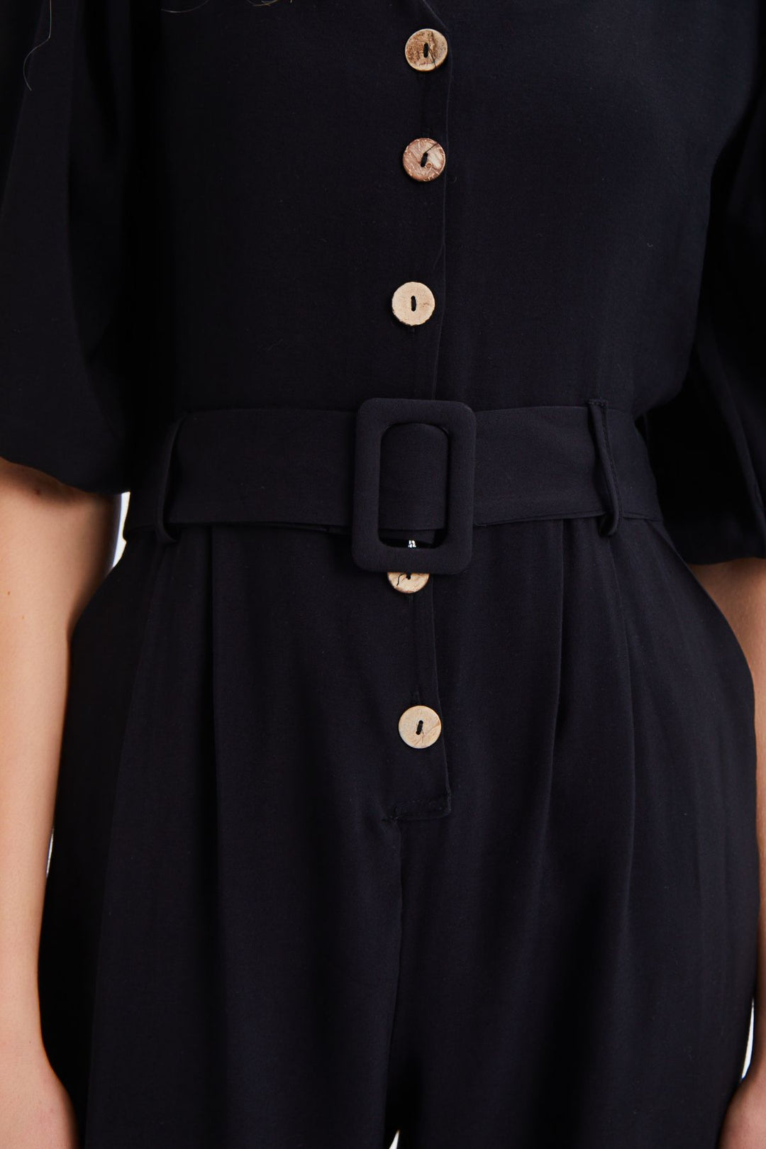 V Yaka Beli Kemerli Tulum Siyah