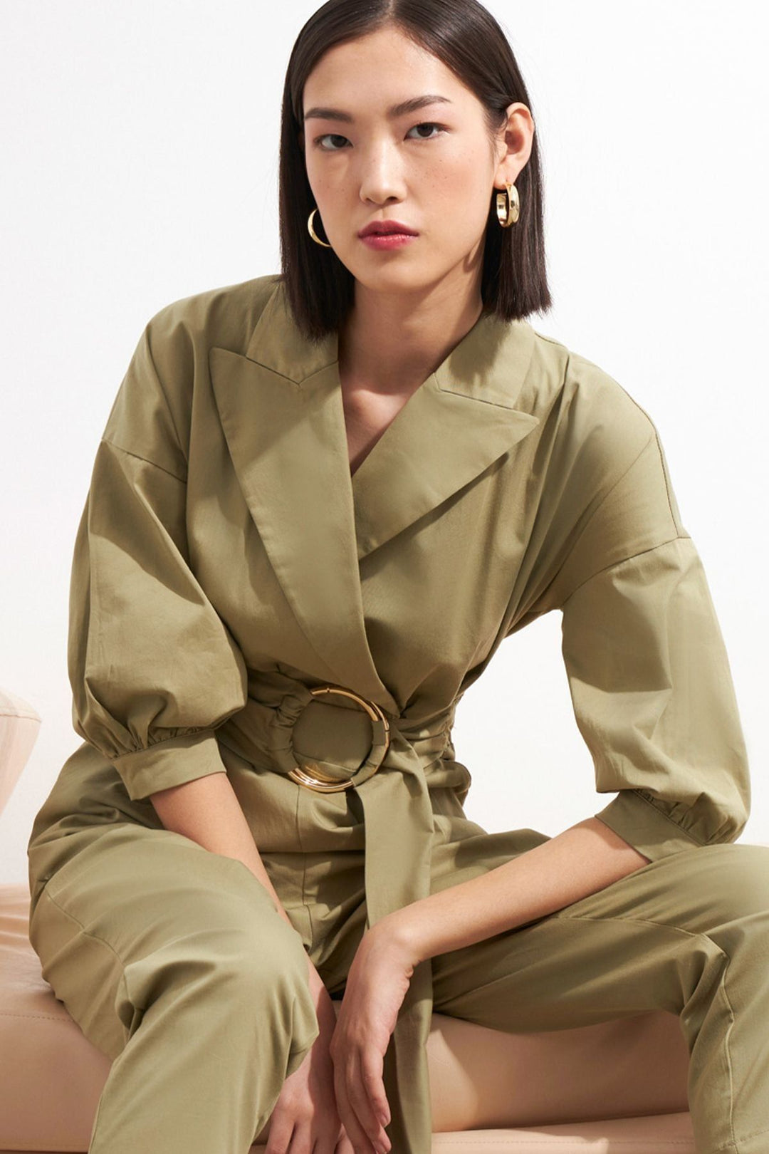 Waist Belt Balloon Sleeve Jumpsuit Khaki