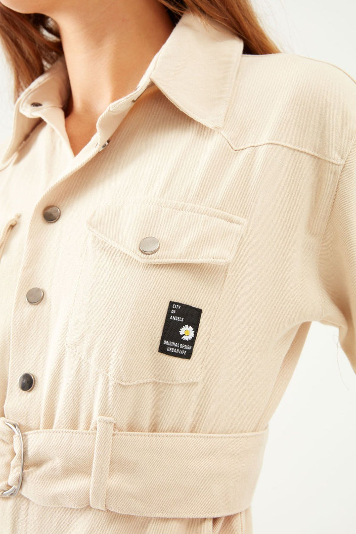 Back Printed Gabardine Jumpsuit Stone