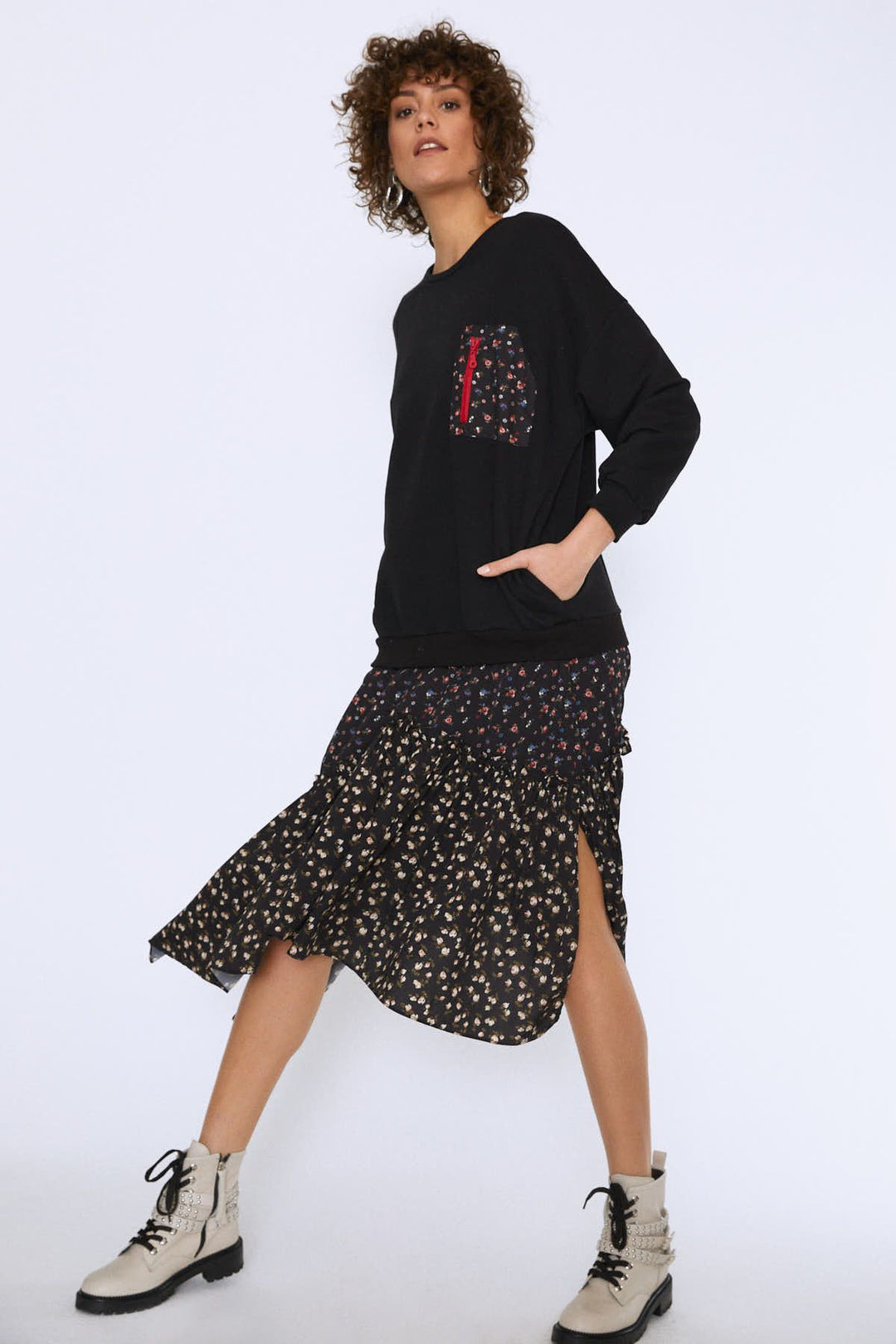 Desenli Cep Detaylı Elbise Siyah