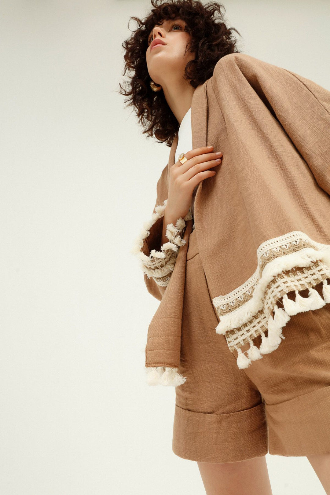 Püsküllü Şal Yaka Ceket Camel