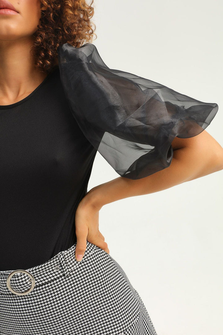 Balloon Sleeve Tulle Bodysuit Black