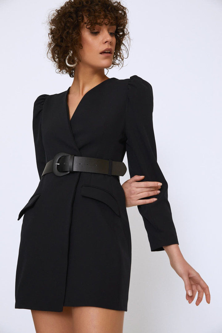 Balon Kol Beli Kemerli Uzun Ceket Siyah