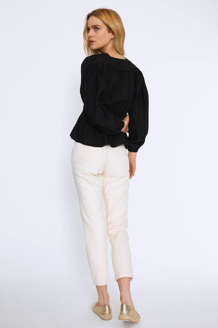 Long Sleeve Blouse With Gipe Waist Black