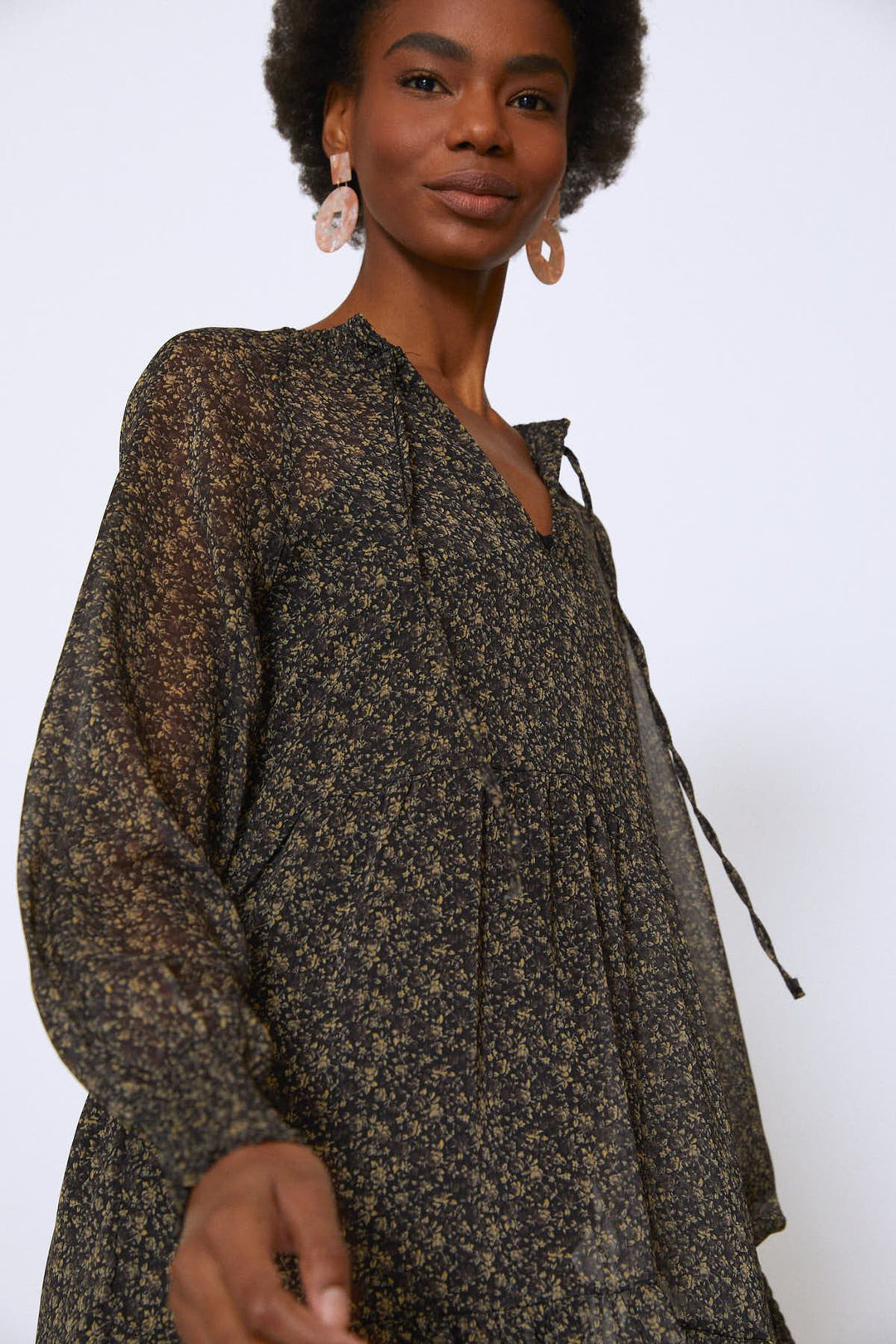 Crispy Floral Collar Tie Chiffon Dress Khaki