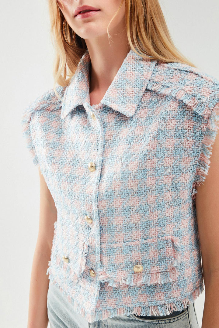 Tasseled Plaid Vest Jacket Powder